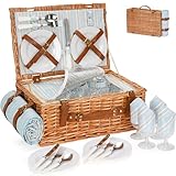 HappyPicnic Wicker Picknickkorb Besteckservice Picknickkorb Isolierter Kühltasche Picknick Set Korb aus Weidengeflecht, für Camping,Outdoor, Weihnachten