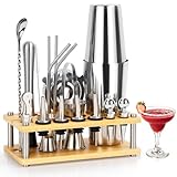 MUUKAIII 750ML Boston Shaker Set, 20 Teiliges Edelstahl Cocktail Zubehör, Profi Barkeeper Set mit Ständer and 4 Rutschfeste Silikonpflaster Geschenk für Männer Frauen Freunde