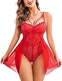 Avidlove Damen Bodysuit Sexy Babydoll Negligee Spitze Nachthemd Body Dessous Kleid Chemise Snap Crotch Outfit Rot XL