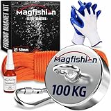 MAGFISHION Magnetfischen Set - 100 KG - Ø50mm - Neodym Magnet mit Seil (20M) & Handschuhe - Magnet Fischen Angel - Ösenmagnet - Fishing Magnetangel - Magnetangeln Set
