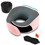 Collazoey Nackenkissen, Nackenhörnchen Memory Foam,Memory-Schaum-Nackenkissen-Set mit Augenmaske, Ohrstöpsel und Aufbewahrungstasche,Ergonomisch Gestaltetes Reisekissen (Rosa)