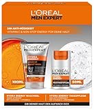 L'Oréal Men Expert Pflegeset gegen müde Haut für Männer, Geschenkset mit Waschgel und Gesichtscreme 24H Anti-Müdigkeit, Geschenke für Herren mit Vitamin C, Hydra Energy, 1 x 100 ml, 1 x 50 ml