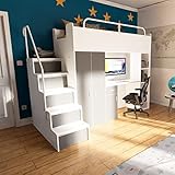 Marlux-Meble Hochbett Kinderbett JSM-4 90x200 mit Kleiderschrank Schreibtisch und Treppe Matt Kinderbetten Funktionsbett Etagenbett Stockbett Kinderhochbett Jugendhochbett (Graphit Matt)