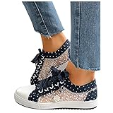 BIBOKAOKE Freizeitschuhe Damen Bestickte Sneaker Spitze Atmungsaktive Stoffschuhe Elegante Frauen Schnürhalbschuhe Laufschuhe Leicht Sportlich Flache Schuhe Walkingschuhe