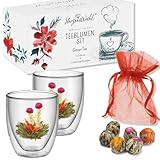 HerzensWahl Teeblumen Geschenkset | 6x Teeblumen, 2x Teetassen & Geschenkbox | Erblühtee | Teerosen Probierset | grüner Tee – Teeblumen & Teetassen Set für Teeliebhaber