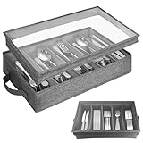 AXVRAV Besteckkasten mit Deckel Abnehmbarem & 5 Verstellbaren Fächern, 42,5 x 29 x 8cm Wasserabweisendem Staubdichte Besteckbox, Besteck Organizer, Aufbewahrungsbox für Utensilien Messer Gabel Löffel
