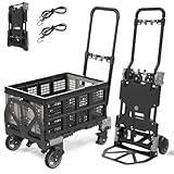 2-in-1 Klappbarer Sackkarre Transportkarre, 150KG Plattformwagen mit Klappbox Kunststoff Box, Multifunktionskarre Transportwagen mit 2 Elastische Schnüre und einziehbarem Griff Handwagen