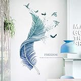 WandSticker4U®- Wandsticker FEDER in Blau I Wandbilder: 72x124 cm I Wandtattoo Wohnzimmer modern Sprüche Vogel I Wand Deko für Küche Schlafzimmer Badezimmer Flur Möbel Aufkleber GROß