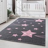 Carpetsale24 Kinderteppich süßes Stern Muster Grau und Pink 120 x 170 cm - Kurzflor Teppich Kinderzimmer für Jungen und Mädchen Weich und Pflegeleicht - Waschbar Spielteppich Babyzimmer Babyteppich