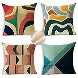 Bunte Outdoor-Kissen, quadratisch, Leinen, 35 cm x 35 cm, für Gartenmöbel, doppelseitig, Patchwork, Sofakissen für Garten, Couch und Wohnzimmer, 4 Stück