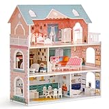 ROBUD Puppenhaus aus Holz mit Möbeln und Zubehör Mädchen Häuser Spielhaus Spielraum Spielzeug für Kinder