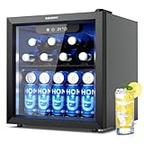 EUHOMY Getränkekühlschrank, Mini Kühlschrank mit Glastür, Bierkühler, Tisch-Getränkekühlschrank für 55 Dosen, Schwarz Freistehender Kühlschrank mit LED, 43dB, für Büro, Zimmer, Bar, 37L, Geräuscharm