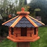 DARLUX handgefertigtes Sechseck Vogelhaus aus Holz wetterfest M - XXL mit und ohne Ständer, Futterhaus, Futterhäuschen (Größe M ohne Ständer, Blau - Braun)