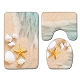 FANSU rutschfeste Badematten Set 3 Teilig, Weich Mikrofaser Badezimmerteppich Waschbar WC-Deckelbezug und Saugfähig U-FöRmige Badvorleger für Badewanne, Dusche (50x80cm,Strand Seestern)