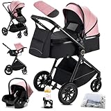 KAVELLIN Kinderwagen 3 in 1, Zusammenklappbar kinderwagen Komplettset Becherhalter, Moskitonetz, Fußabdeckung Für Baby Erstausstattung Neugeborene (Rosa)