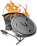 MATUNUS Dutch Oven Set - Eingebrannter Feuertopf aus Gusseisen - 8 Liter Schmortopf - Dutch Oven Zubehör inkl. Deckelheber - Runder Bräter Induktion