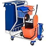 HOMCOM Putzwagen Reinigungswagen 4 Fahreimer Wischwagen Systemwagen mit Rollen Blau Orange 93 x 80 x 97 cm