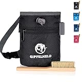 Gipfelheld® Chalkbag Set schwarz mit Boulder-Bürste zum Klettern und Bouldern, Magnesia-Beutel mit Karabiner, Hüftgurt und 2 Taschen, Kreide-Beutel auch für Crossfit und Gewichtheben