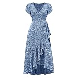 Sommerkleid Damen Lang Boho Kleid Rüschen Maxikleid Mit Gürtel Blumenkleid V-Ausschnitt Strandkleid Blumendruck Bohokleid Hohe Taille Tunikakleid High Low Wickelkleid Freizeitkleider