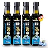 Kräuterland Bio Schwarzkümmelöl 4X250ml (1Liter), ungefiltert, hoher Thymoquinon, Omega Fettsäuren, ohne Zusatzstoffe, kaltgepresst, vegan, mild, mühlenfrisch aus unsrer hessischen Ölmühle