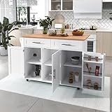 Huayz kücheninsel freistehend mit Klappbarer arbeitsplatte küchenschrank küchenwagen auf 5 Rollen, mit Ablage und 2 Schubladen,Für Esszimmer 129×71×91.5cm (Weiß)