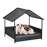 Relaxdays Hundeliege mit Dach, HxBxT: 81 x 90 x 68 cm, Polyrattan, erhöhtes Hundebett mit Kissen, Outdoor, anthrazit
