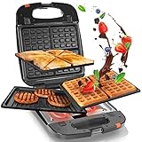 Duronic SWM60 3-in-1 Snackmaker - Belgische Waffeln, Sandwichtoaster und Kontaktgrill - 3 Antihaftbeschichtete Platten - Waffeleisen und Sandwichmaker für 4 Stück - Multifunktionsgerät 1200 Watt