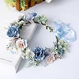 Blumenkranz Haare Haarkranz Blumen Haarreif, Blumenmädchen Stirnbänder Kopfschmuck Floral Girlande Blumenstirnband Verstellbarer Gürtel für Hochzeit Zeremonie Party Festival,Hellblau