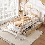 Kinderbett Hausbett 90 x 200 cm mit Rausfallschutz und Lattenrost, Einzelbett mit Schublade, Mit Seitenleiter, Einzigartiges Dachdesign, Flachbetten, Holzbetten, Rahmen aus Kiefer, Weiß+Natur