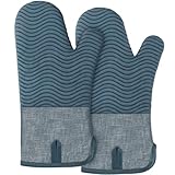 BONTHEE Ofenhandschuhe Hitzebeständige Topfhandschuhe Extra Lang Baumwolle kochhandschuhe mit Anti-Rutsch Silikon Gestreift backhandschuhe für Kochen Backen Grillen - 2er Set - Blau