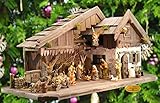 ÖLBAUM-Krippe KA70du-MF-SKR-T2L Historische Weihnachtskrippe, mit GRANITBRUNNEN Wassergrand + Premium-DEKOSET Krippenstall, Massivholz Dunkelbraun - mit Premium-Krippenfiguren mit exakter,