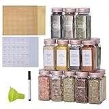 Fiwence Gewürzgläser aus Glas mit Etiketten und rosa Metallkappen, leere Gewürzbehälter mit Streudeckel, Trichter, Kreidestift, Gewürz-Aufbewahrungsflaschen für Gewürzregal, Schrank, Schublade, 36