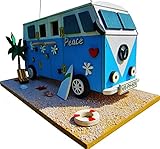 Hüwüknü Nistkasten Camper, Hipppi Mobil, Vogelhaus zum Aufhängen, für Singvögel wie Spatzen, Meisen, Handarbeit aus Holz, bunt, für Garten, Terasse, Balkon, Voliere