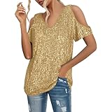 Bauzuoyo Pailletten Oberteile Damen Kurzarm Glitzer Bluse Schulterfreies Elegant Glänzendes Tunika V-Ausschnitt Kurze Ärmel Oberteil Locker Sparkle Shirts Disco Party Club Tops