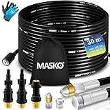 MASKO® Premium Rohrreinigungsschlauch Set Abflussreiniger 30m, 200 bar inkl. Tasche 3 Adapter 2 Düsen rotierend kompatibel mit Kärcher k2-k7 LAVOR Hochdruckreiniger Rohrreinigungsset + Handschuhe