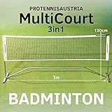 ProTennisAustria Multicourt 3-in-1 Netz: Tennisnetz, Volleyballnetz, Badmintonnetz | 3m x 80-130cm Premium Steel | Ideal für den Garten | Schneller Aufbau | Stabil für Garten, Park, Strand.