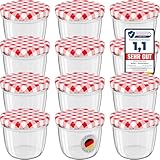 WELLGRO 12x Einmachgläser mit Schraubdeckel, 230 ml Einmachglas Klein, Marmeladengläser Rot Karierte, Kleine Gläser mit Deckel To 82, Einweckgläser Made in Germany, Schraubgläser Stückzahl: 12 Stück