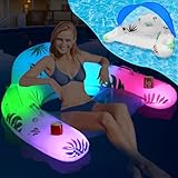 DeeprBling Aufblasbarer Pool Luftmatratze Schwimmsessel mit Farbe Wechselnden Lichtern, Solarbetriebene Schwimmsessel für Pool Erwachsene mit Sonnendach, Becherhalter & Griffe, Pool Sessel Aufblasbar