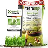 TerraUno - Rasendünger Frühjahr/Sommer I Langzeitdünger Rasen für 100 Tage I 5 kg für 250 m² I Optimale Nährstoffe zum Vorbeugen von Trockenstress I NPK Dünger Rasen I Streuwagen geeignet