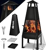 tillvex Terrassenofen mit Grillfunktion | Gartenkamin aus Stahl | Feuerstelle Gartenofen mit Abdeckung BBQ Grillrost Schürhaken Grillzange Bürste