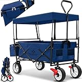 KESSER® Bollerwagen faltbar mit Dach Handwagen Transportkarre Gerätewagen inkl. 2 Netztaschen und Einer Außentasche Mit Vorderrad-Bremse | klappbar | Vollgummi-Reifen | bis 100 kg Tragkraft Blau-Navy