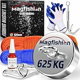 MAGFISHION Magnetfischen Set - 625 KG - Ø120mm - Neodym Magnet mit 2 Seilen, Greifhaken, Handschuhe - Magnet Fischen Angel - Ösenmagnet - Fishing Magnetangel - Magnetangeln Set