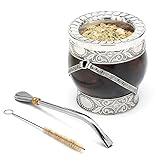 balibetov Ausgewählte Kollektion - Yerba Mate Kürbis (Mate Cup) - Premium Mate Gourd mit Details aus Neusilber - Inklusive Edelstahl Bombilla und Reinigungsbürste. (Pampa)