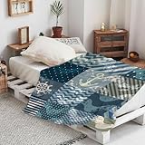 AOKLEY kuscheldecke Sherpa Schafdecke Hintergrundmuster. Patchwork im nautischen Stil mit Grunge-Wellen. Comfort Luxuriöse Flauschige Kuscheldecke weiche Decke für Couch und Bett 150x200cm