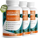 Natürliches VITAMIN C - 3x180 Kapseln - mit 400 mg Vitamin C aus Amla, Acerola, Camu-Camu & Hagebutten pro Tag - Vitamin C Komplex - 100% vegan - ohne Zusatzstoffe - 9 Monatsvorrat - Made in Germany