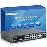 NICGIGA 18 Port Gigabit PoE Switch mit 16 Port PoE 1000Mbps @250W, 2 Gigabit Uplink Ports, VLAN Modus, Robustes Metallgehäuse und Desktop/Wand/19 Zoll RackMontage, Plug and Play, Unmanaged