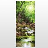 wandmotiv24 Leinwandbild Panorama Nr. 371 Flusslauf im Wald 100x40cm, Bild auf Leinwand, Bach Bäume Grün