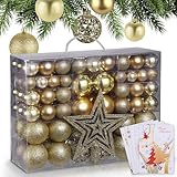 ONBEST Weihnachtskugeln 128-teiliges Set – 1x Baumspitze Glitzer Stern & 127x Kugel – mit Verpackung – Weihnachtsschmuck Deko für Drinnen & Draußen aus Kunststoff – Plus 5X Karte (Gold)