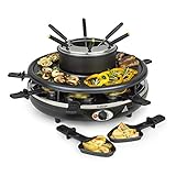 Klarstein Fonduelette Raclette und Fondue, 1350 W, Fonduetopf: 1 L, Grillplatte: 38cm Ø, für 8 Personen, 8 Raclette-Pfannen mit Antihaftbeschichtung, hitzeresistente Griffe, 8 Edelstahl-Fonduegabeln,