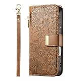 Lederhülle für Oppo Realme C75, Prägung Floral Hülle Reißverschluss Handyhülle mit Kartenfach Geld Slot Ständer Ledertasche Bumper Flip Schutzhülle für Oppo Realme C75 braun